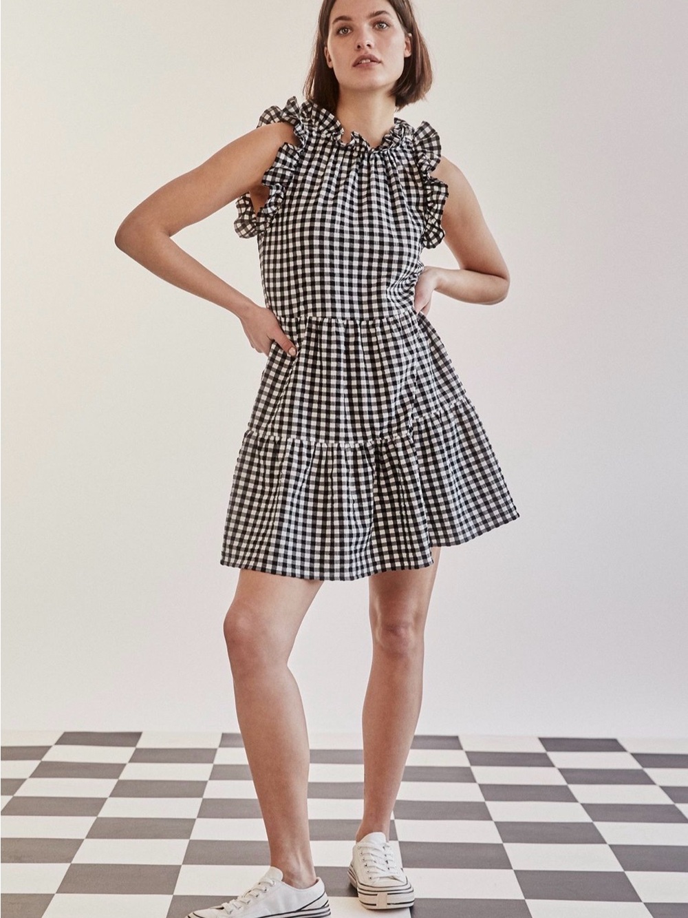 Maeve Anthropologie Black and White Gingham Ruffle Mini Dress
